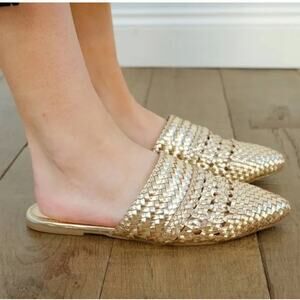 Sam Edelman Shoes Women Size 7.5 Gold Natalya Metallic Woven Mules Slip On Flats